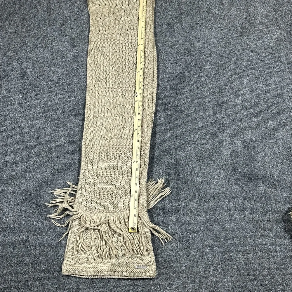 Bebe Tan Beige Cable Knit Scarf and Pom Beanie Hat Set OSFM Fringe‎ Logo